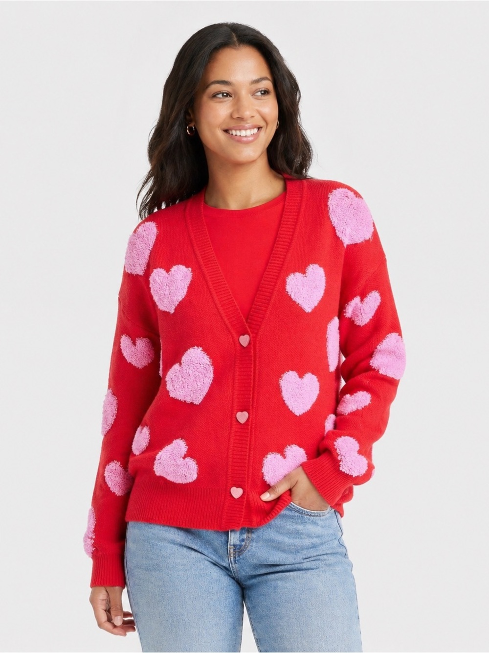 Pink Hearts Cardigan - Red XS